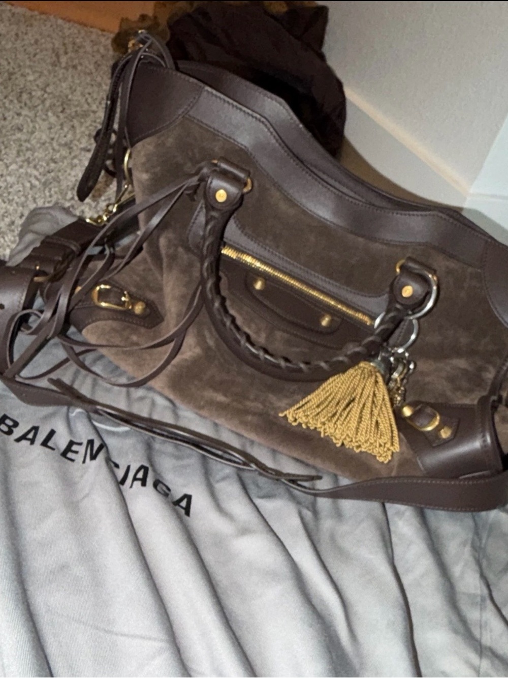 Balenciaga City Chocolate Suede Shoulder Bag with Gold Tassel Charm